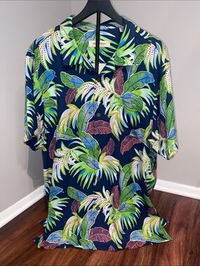 Tommy Bahama 100% Silk Navy Tropical Leaf Camp Shirt Size XXL